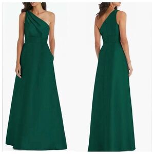 NWOT Alfred Sung Satin Twill One Shoulder A-line Pocket Gown